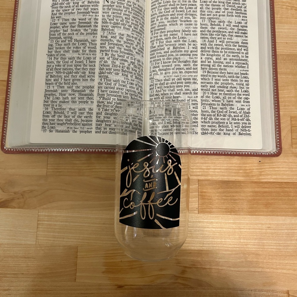 Clear Glass Tumbler with Black 'Jesus and Coffee' Design